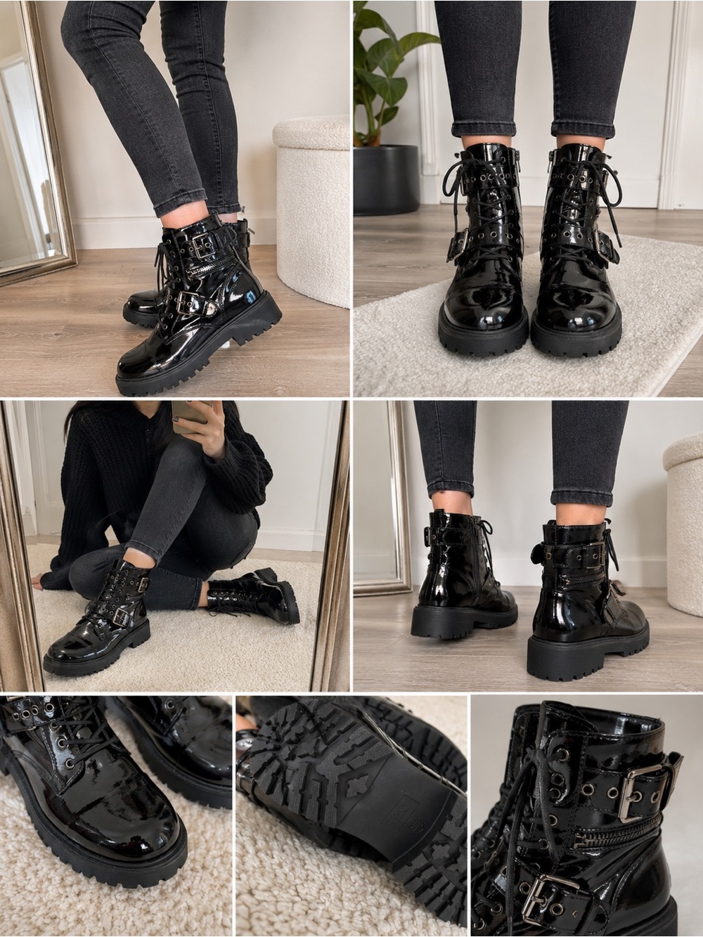 GBG Los Angeles Black Patent Combat Boots with Buckle & Lug Sole